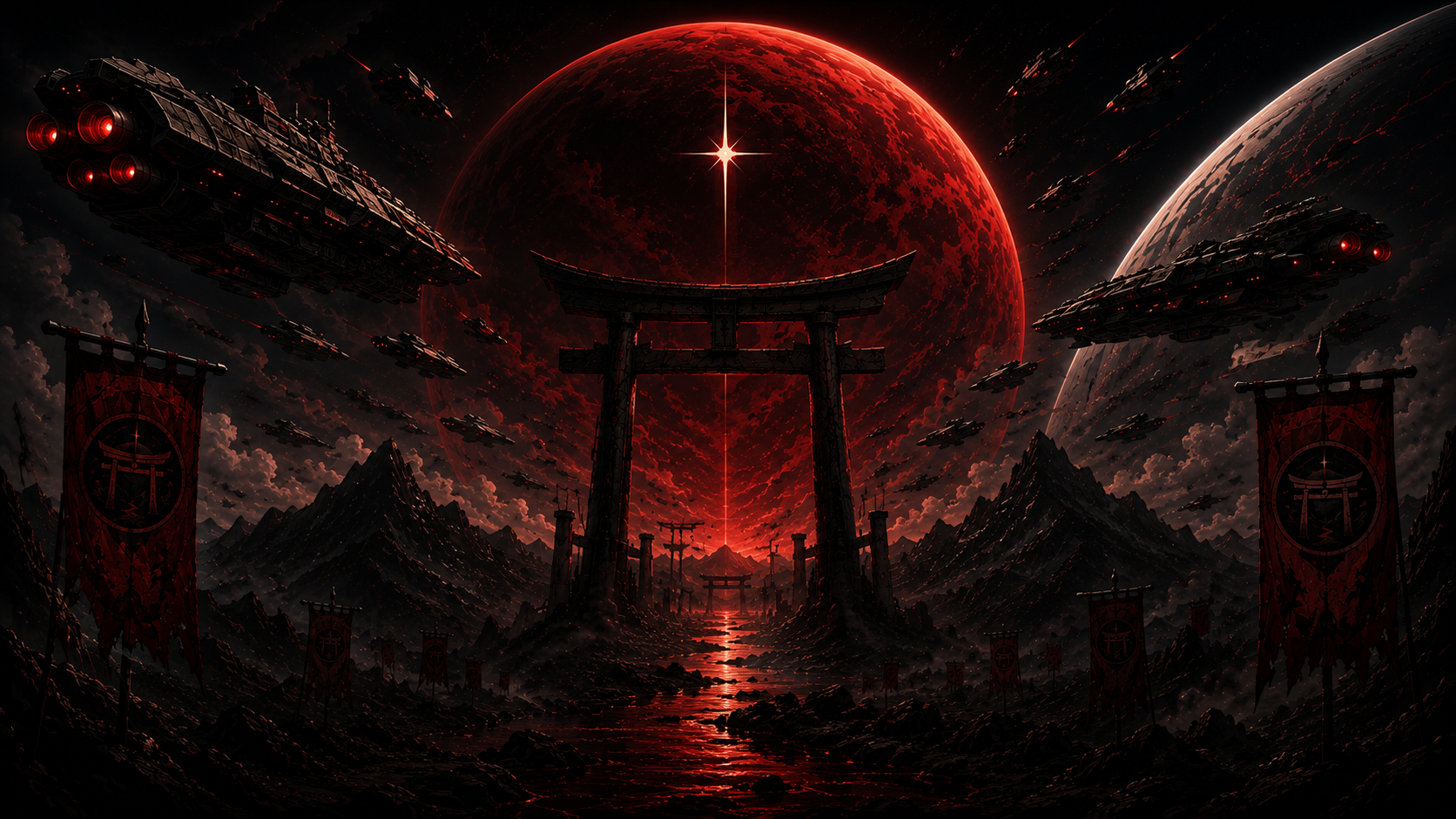 SBB fleet crossing a red planetary gate above a dark mountain route